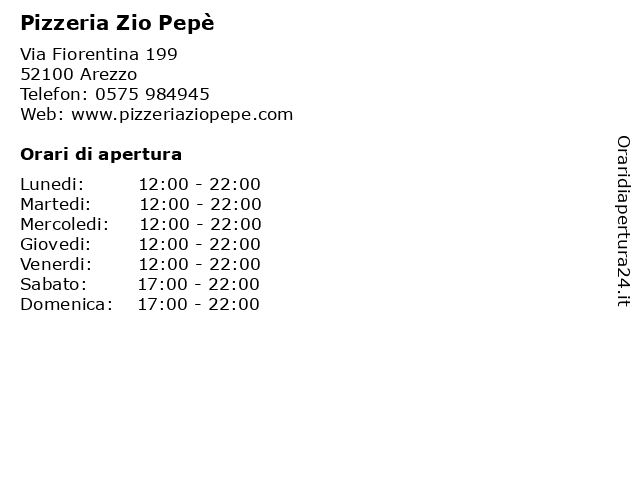 Orari di apertura Pizzeria Zio Pep Via Fiorentina